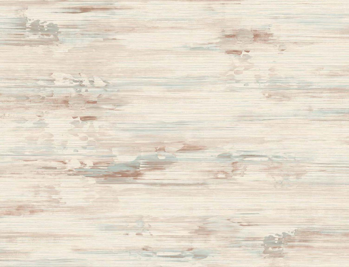 Abstract textured wallpaper in soft neutral tones with subtle rust and seaside blue-green accents, matte finish.