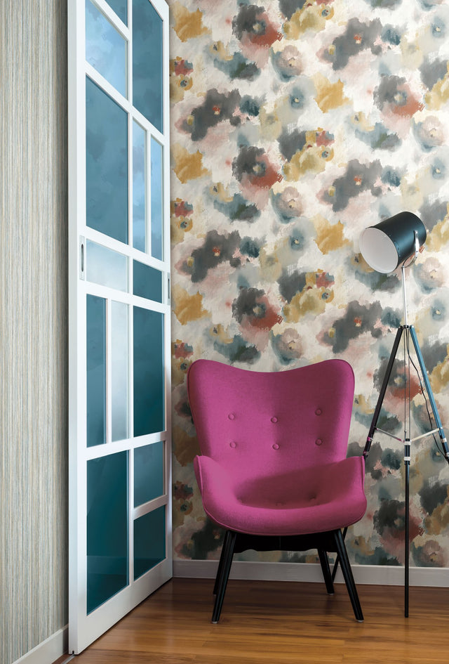 Impressionist Floral Copper & Blue Wallpaper with Modern Art Watercolor Style - York UC3822
