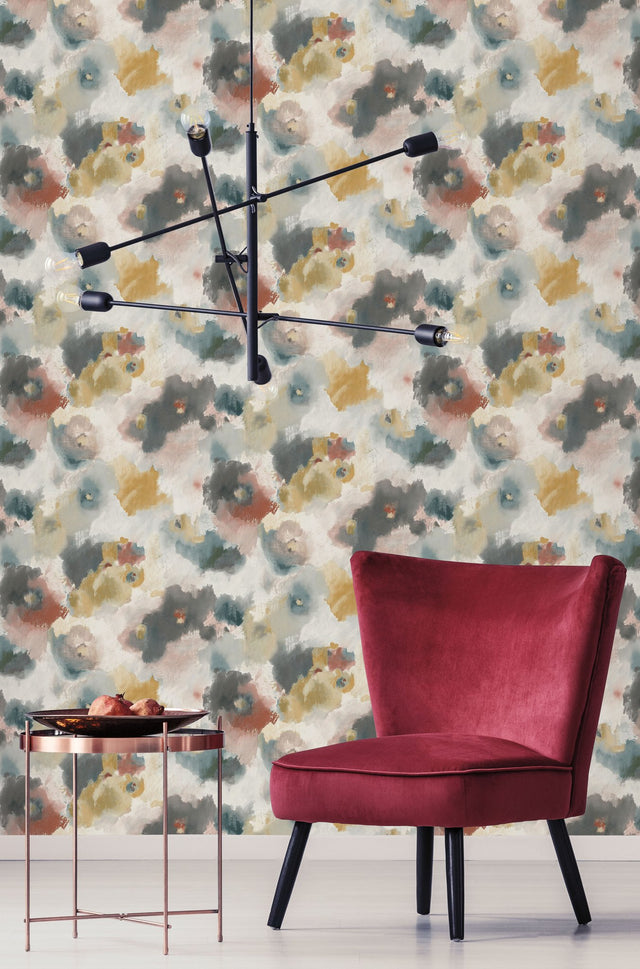Impressionist Floral Copper & Blue Wallpaper with Modern Art Watercolor Style - York UC3822