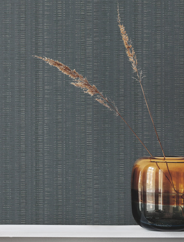 Stratford Denim Wallpaper with Metallic Striped Dot-Dash Motif - York UD2545N