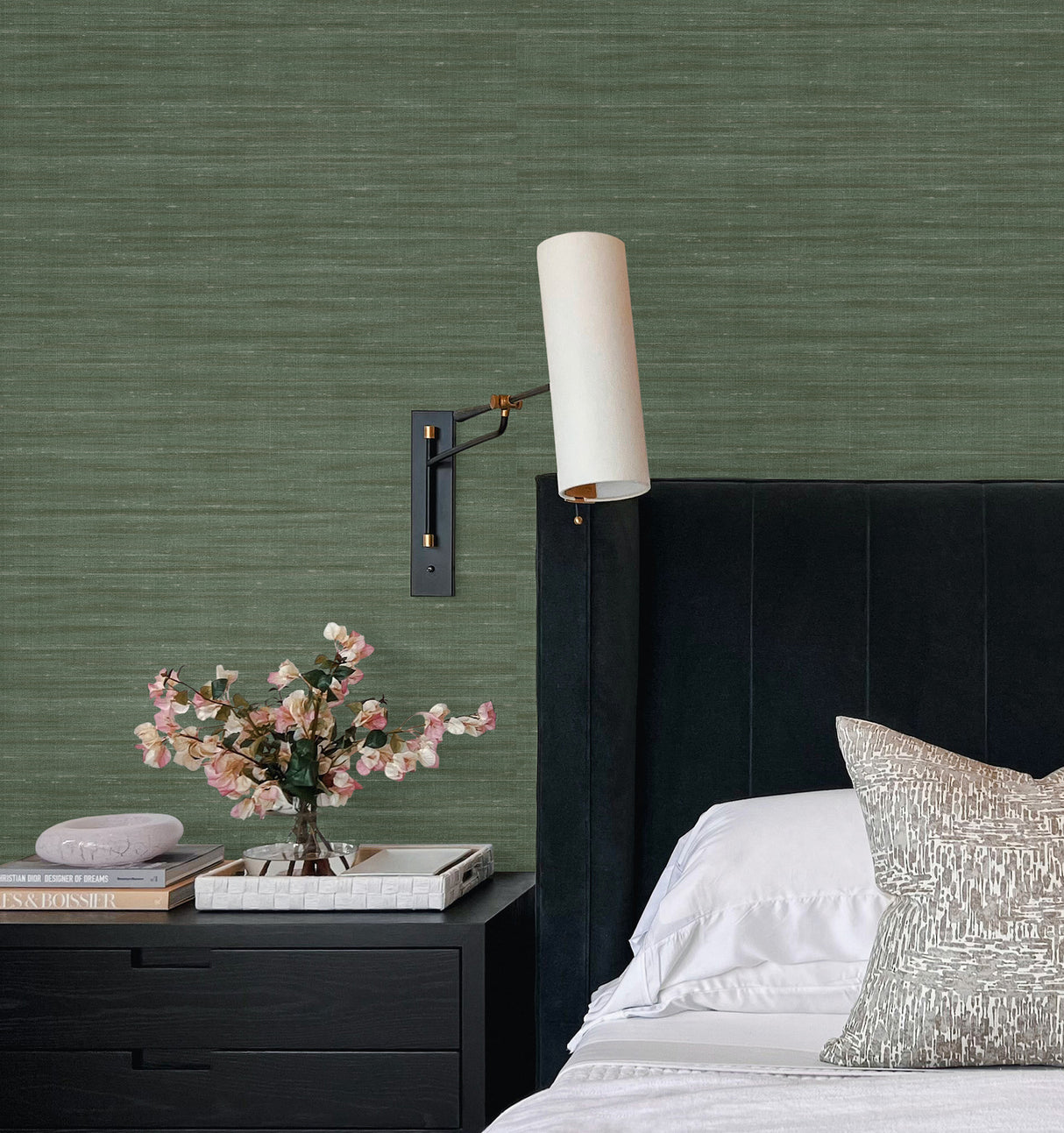 Sari Silk Green Faux Fabric Wallpaper by York Wallcoverings High Performance Non-Woven Vinyl Scrubbable Strippable Sidewall - UW1004