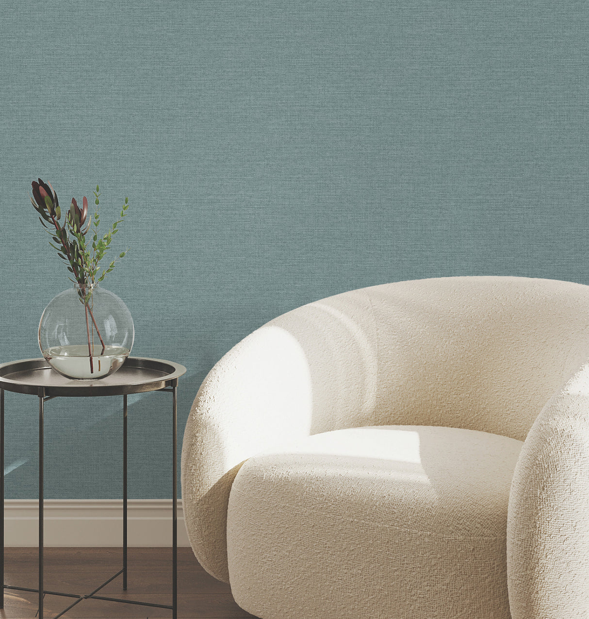 Terrene Teal and Aqua Faux Linen Texture Scrubbable Non Woven Vinyl Wallpaper by York Wallcoverings Atmosphere Digest High Performance - UW1019N