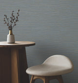Oasis Dark Blue Faux Grasscloth Textured Horizontal Stripe Scrubbable Strippable Non Woven Vinyl Wallpaper by York Wallcoverings - UW1067
