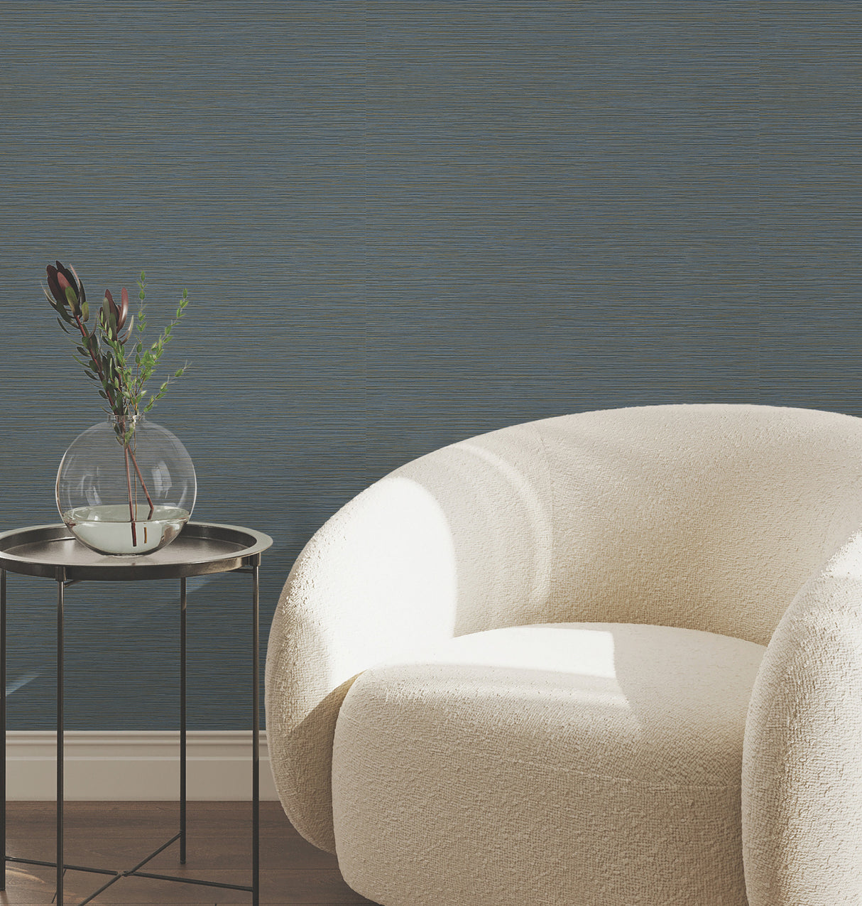 Oasis Dark Blue Faux Grasscloth Textured Horizontal Stripe Scrubbable Strippable Non Woven Vinyl Wallpaper by York Wallcoverings - UW1067