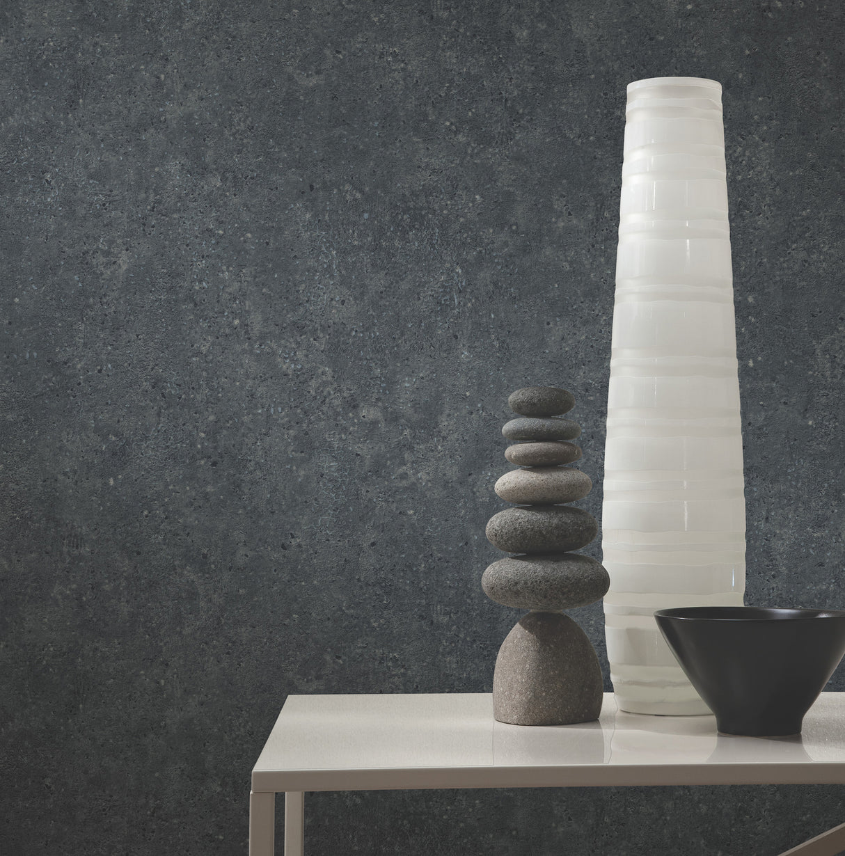 Artisan Stone Metallic Raised Ink Textured Scrubbable Fabric Backed Vinyl Wallpaper in Black and Charcoal by York Wallcoverings - UW1086N