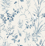Mariko Blue Botanical Wallpaper with Watercolor Songbirds & Leaves - Brewster UW25885