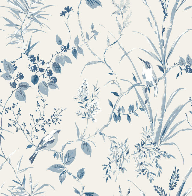 Mariko Blue Botanical Wallpaper with Watercolor Songbirds & Leaves - Brewster UW25885