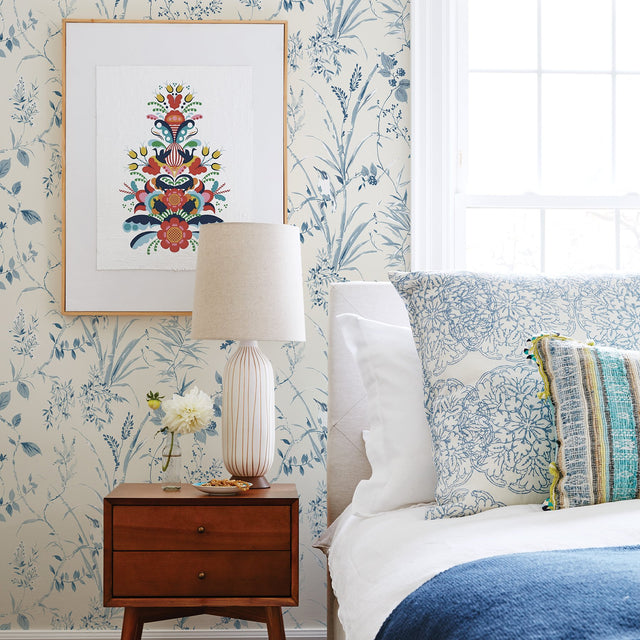 Mariko Blue Botanical Wallpaper with Watercolor Songbirds & Leaves - Brewster UW25885