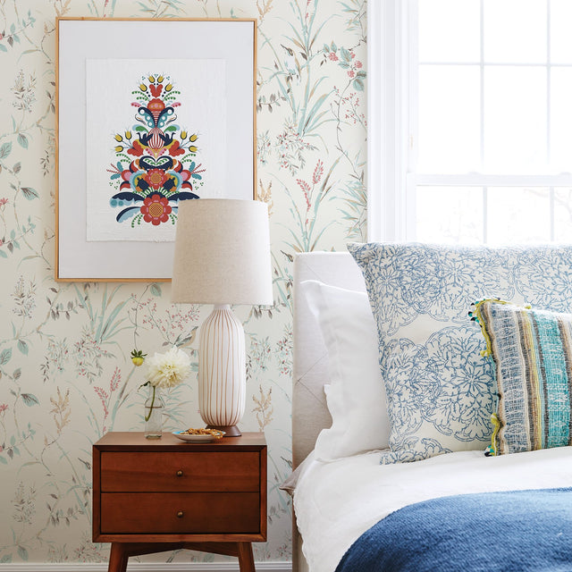 Mariko Blue Botanical Wallpaper with Birds Motif - Brewster UW25886