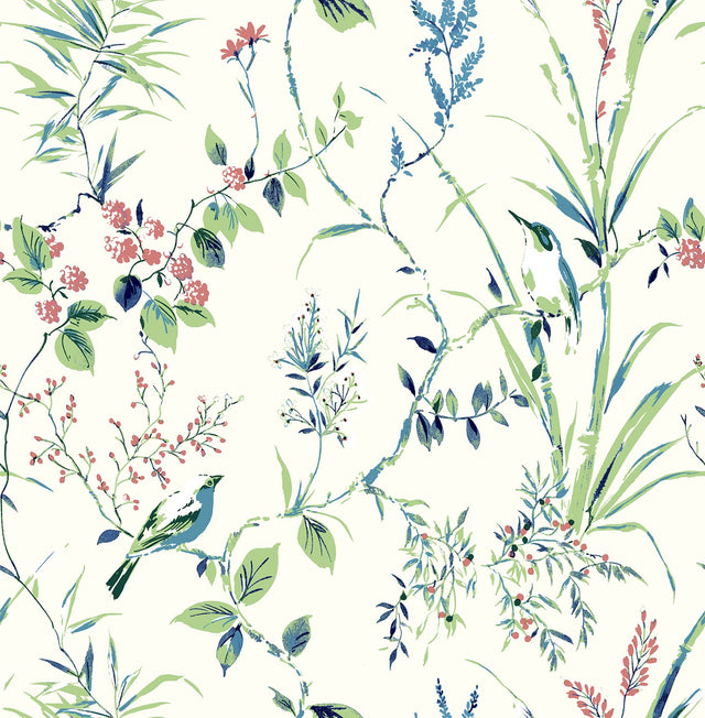Mariko Green Botanical Wallpaper with Leaves and Songbird Watercolor Motif - Brewster UW25887