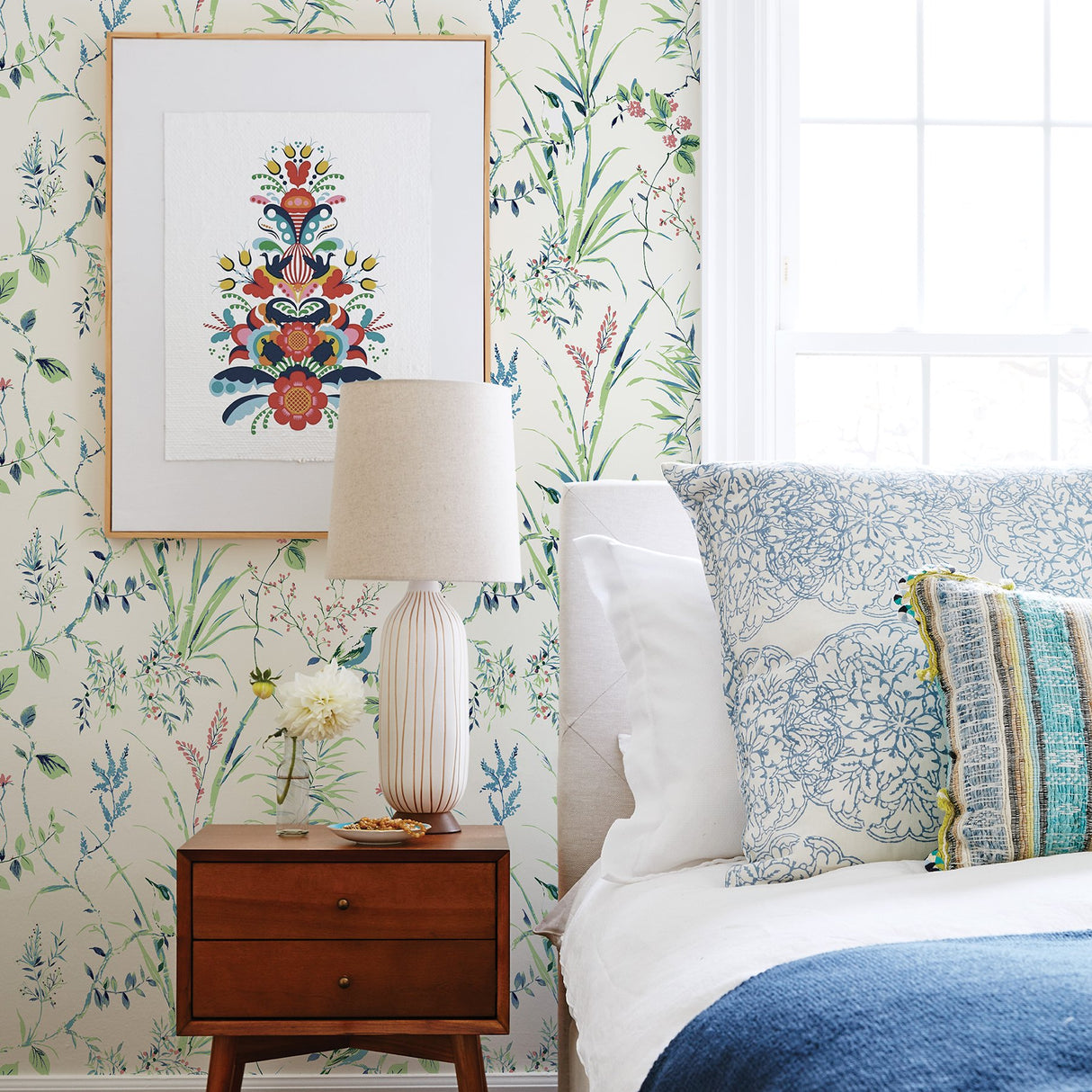 Mariko Green Botanical Wallpaper with Leaves and Songbird Watercolor Motif - Brewster UW25887