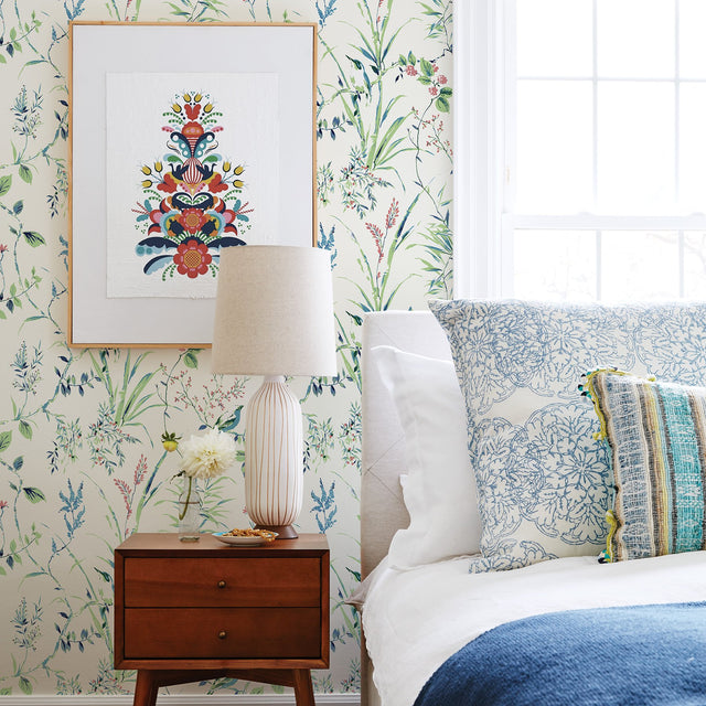 Mariko Green Botanical Wallpaper with Leaves and Songbird Watercolor Motif - Brewster UW25887