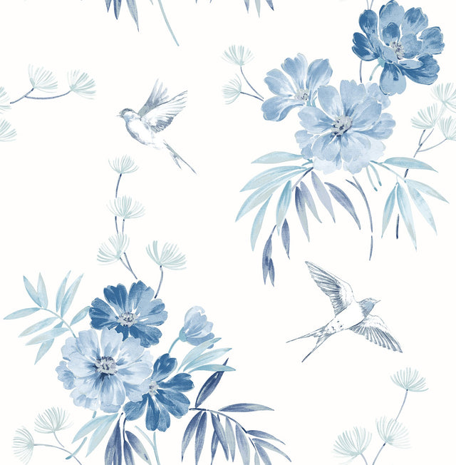 Deja Blue Floral Wallpaper with Botanical Birds Pattern - Brewster UW25888