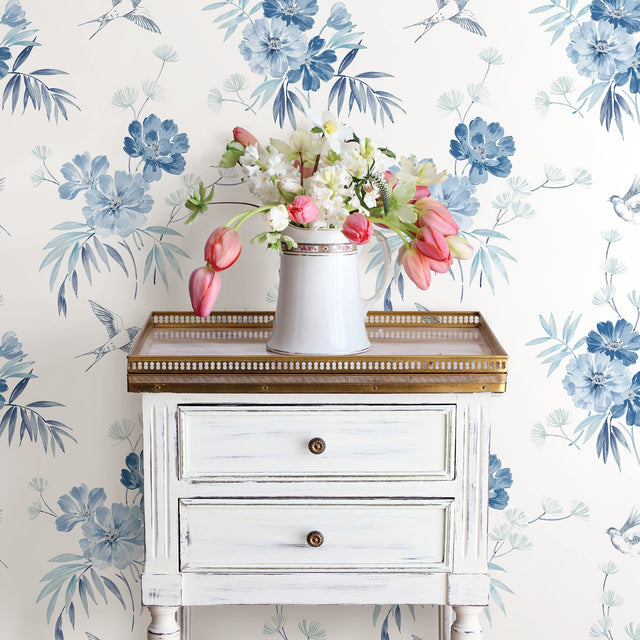 Deja Blue Floral Wallpaper with Botanical Birds Pattern - Brewster UW25888