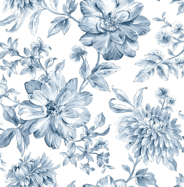 Gabriela Blue Floral Wallpaper with Botanical Flower Motif - Brewster UW25895