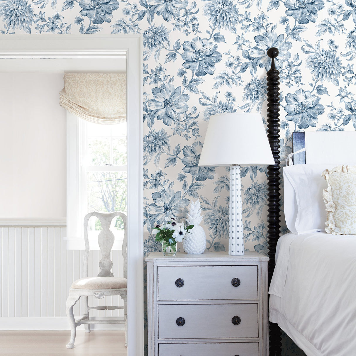 Gabriela Blue Floral Wallpaper with Botanical Flower Motif - Brewster UW25895