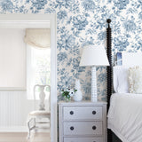 Gabriela Blue Floral Wallpaper with Botanical Flower Motif - Brewster UW25895