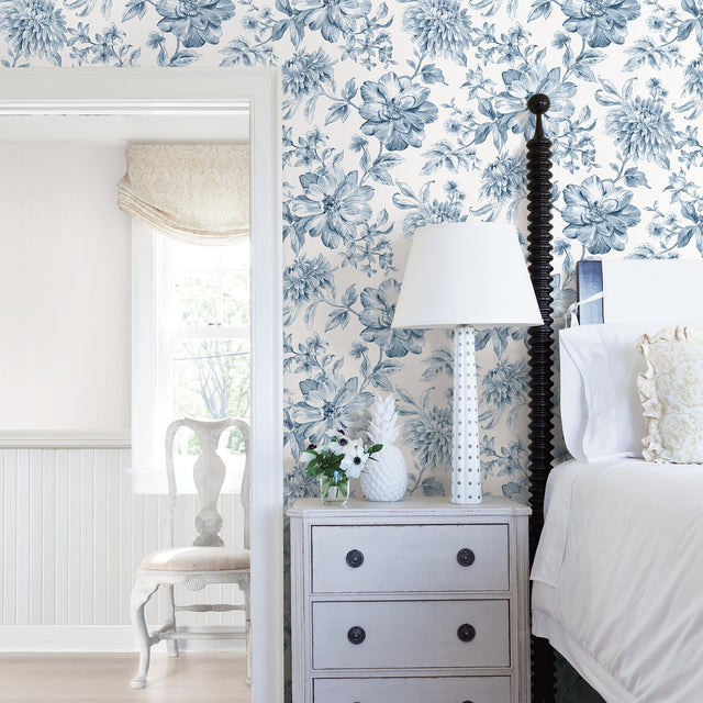 Gabriela Blue Floral Wallpaper with Botanical Flower Motif - Brewster UW25895