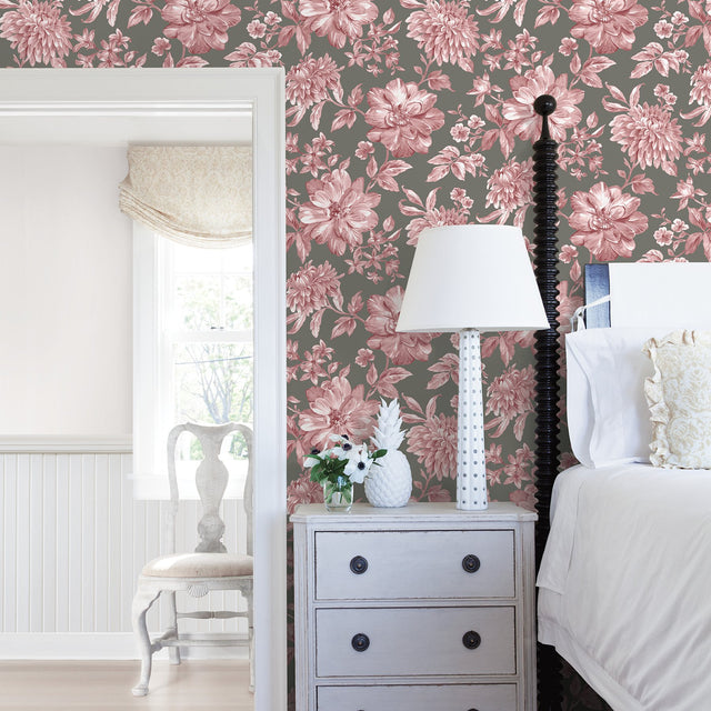 Gabriela Raspberry Floral Wallpaper with Botanical Flower Pattern - Brewster UW25897