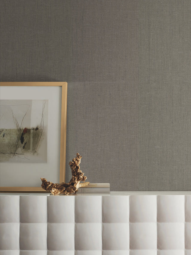 Crosshatch String Black & Grey Wallpaper with Woven Grasscloth Look - York VG4412