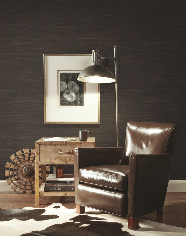 Inked Grass Charcoal Wallpaper with Natural Grasscloth Look - York VG4415