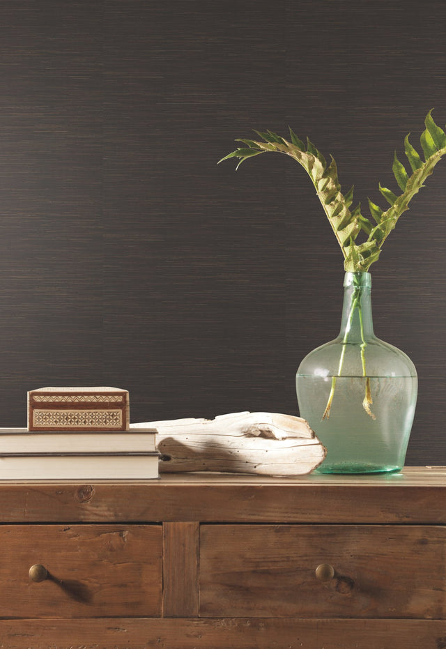 Inked Grass Charcoal Wallpaper with Natural Grasscloth Look - York VG4415