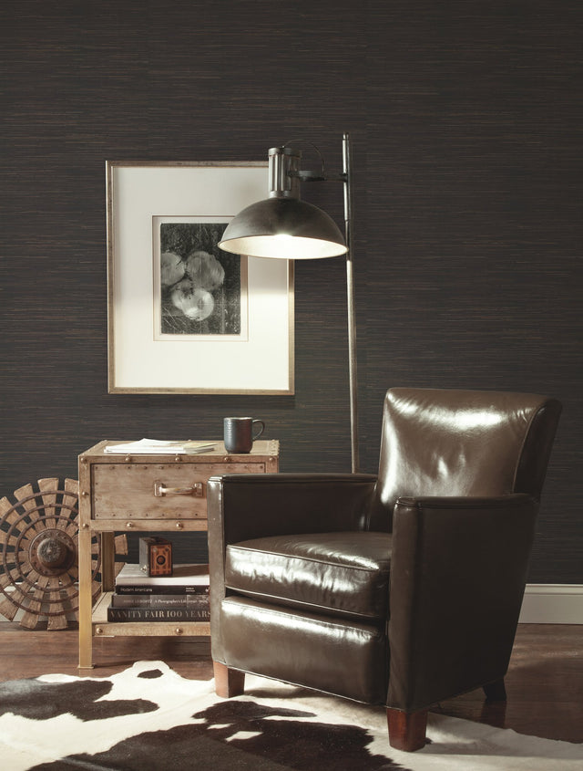 Inked Grass Charcoal Wallpaper with Natural Grasscloth Look - York VG4415