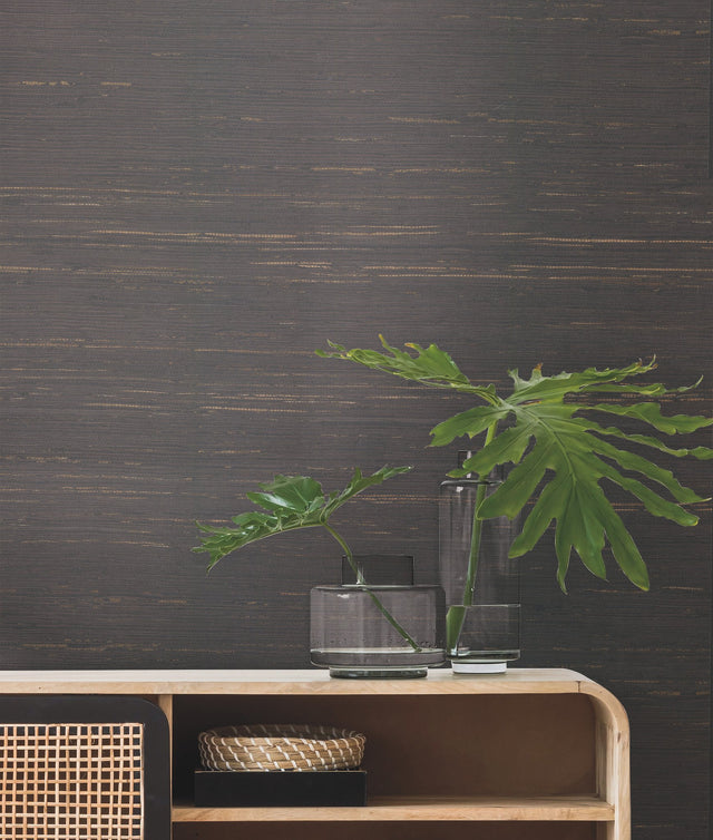 Inked Grass Charcoal Wallpaper with Natural Grasscloth Look - York VG4415