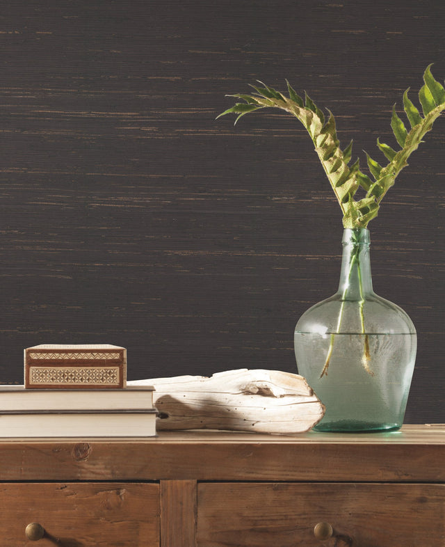 Inked Grass Charcoal Wallpaper with Natural Grasscloth Look - York VG4415