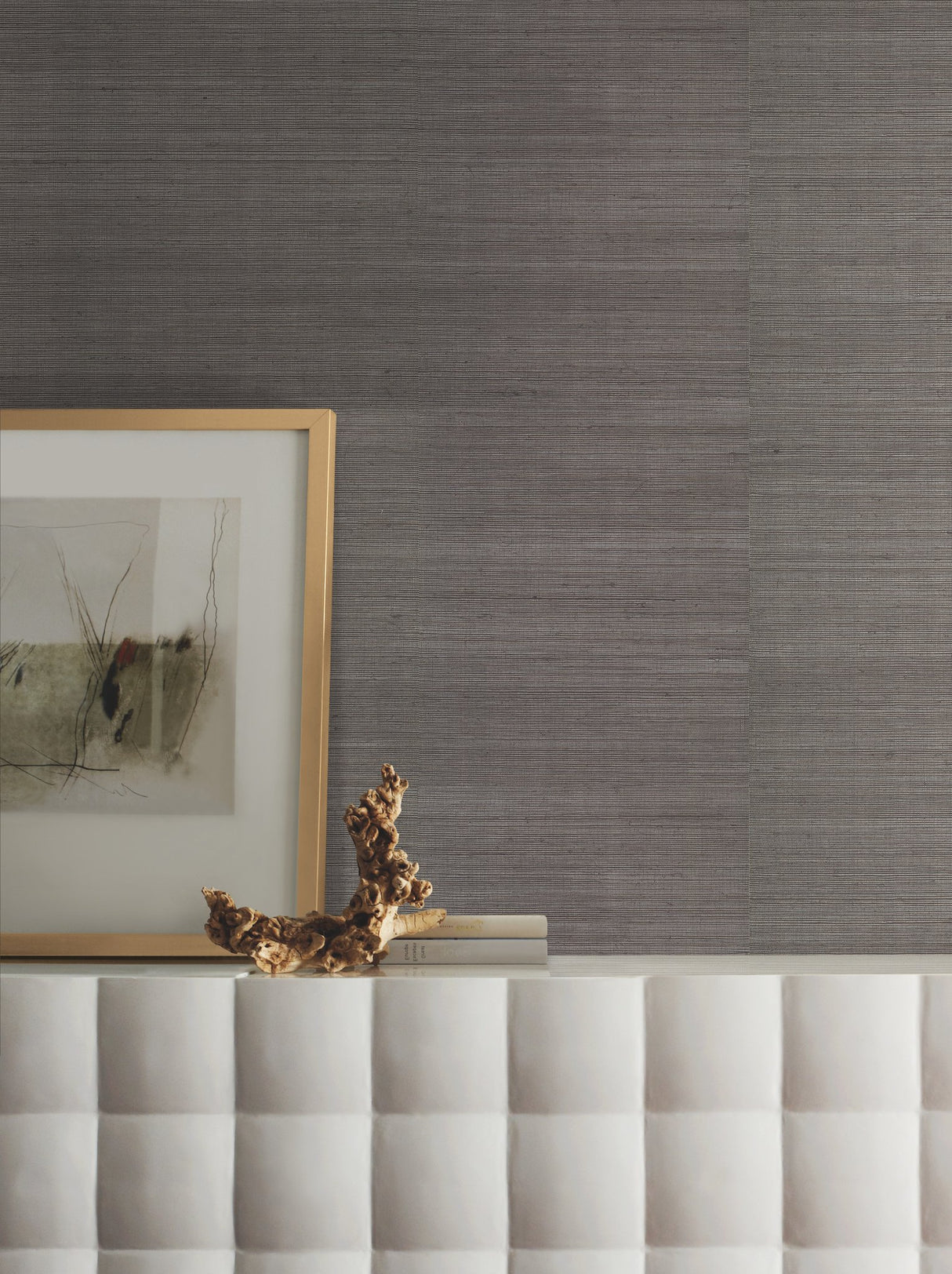 Sisal Grasscloth Silver Metallic Wallpaper in Charcoal with Metallic Grasscloth Texture - York VG4418