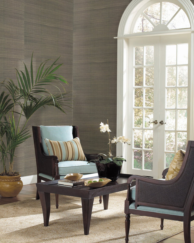 Sisal Grasscloth Silver Metallic Wallpaper in Charcoal with Metallic Grasscloth Texture - York VG4418