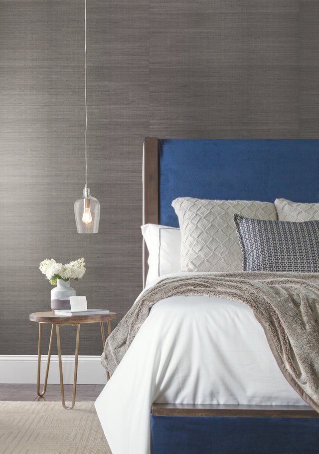 Sisal Grasscloth Silver Metallic Wallpaper in Charcoal with Metallic Grasscloth Texture - York VG4418
