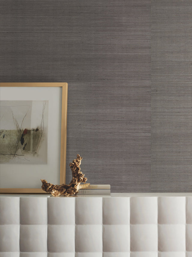 Sisal Grasscloth Silver Metallic Wallpaper in Charcoal with Metallic Grasscloth Texture - York VG4418