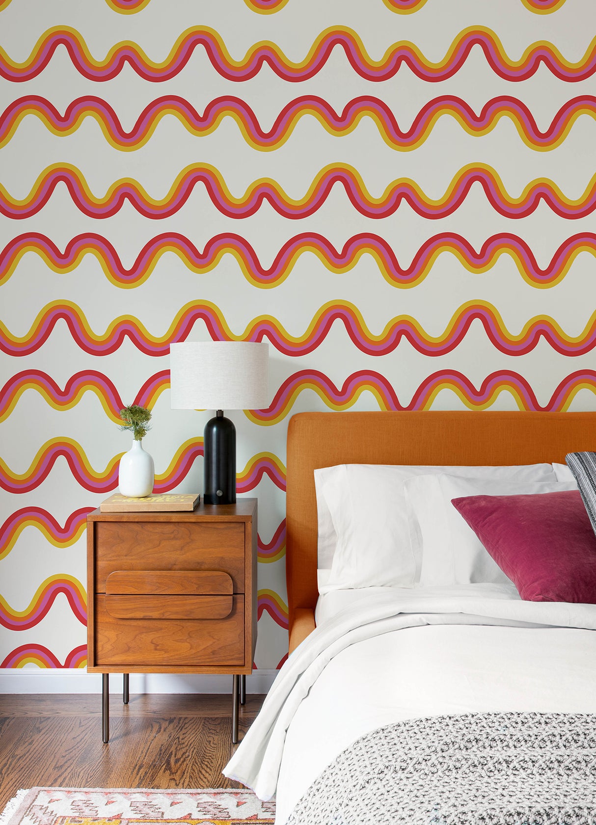 Beverly Slopes Pink Peel and Stick Wallpaper by NuWallpaper - Very Gay Paint x WallPops Retro Rainbow Wavy Stripe Modern Design - VGS6435