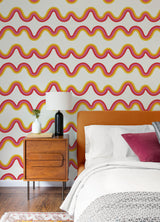 Beverly Slopes Pink Peel and Stick Wallpaper by NuWallpaper - Very Gay Paint x WallPops Retro Rainbow Wavy Stripe Modern Design - VGS6435