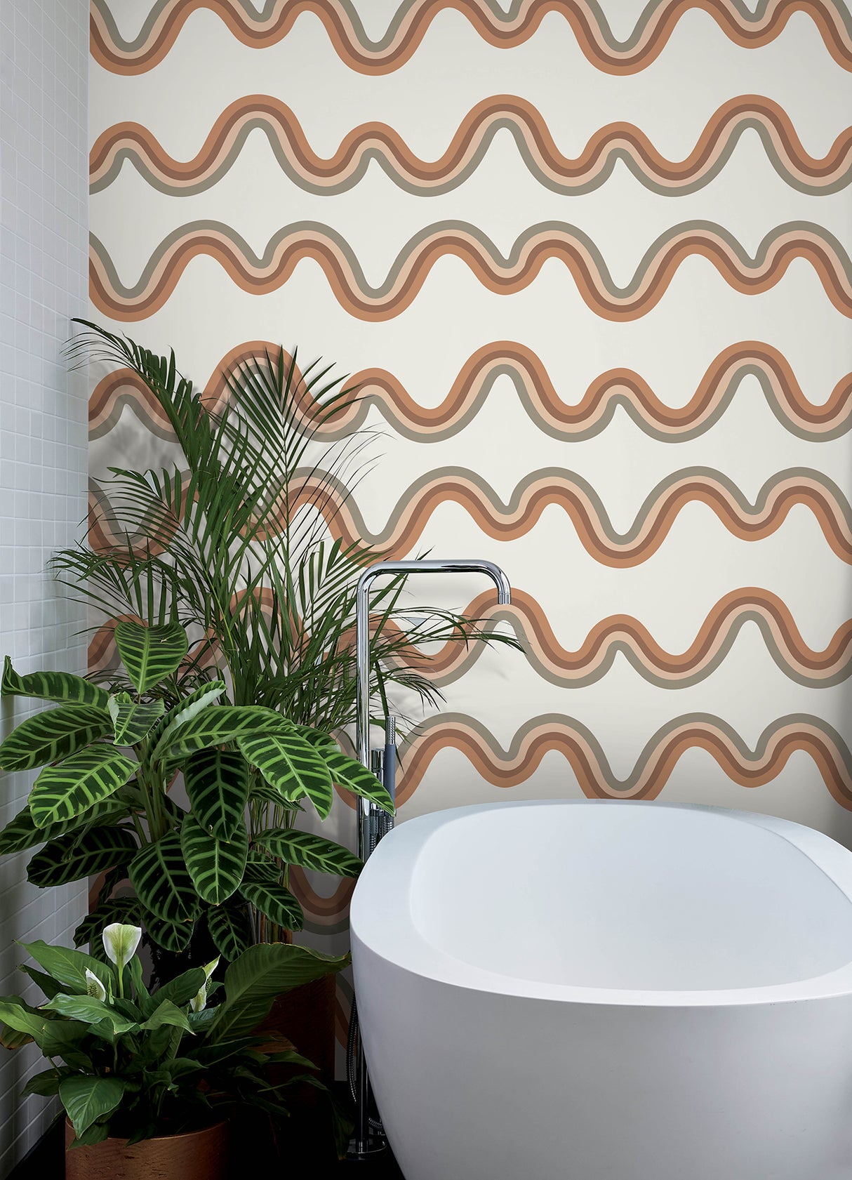 Beverly Slopes Tan by NuWallpaper - Very Gay Paint x WallPops Modern Neutral Tan Wavy Rainbow Stripe Peel and Stick Wallpaper VGS6437