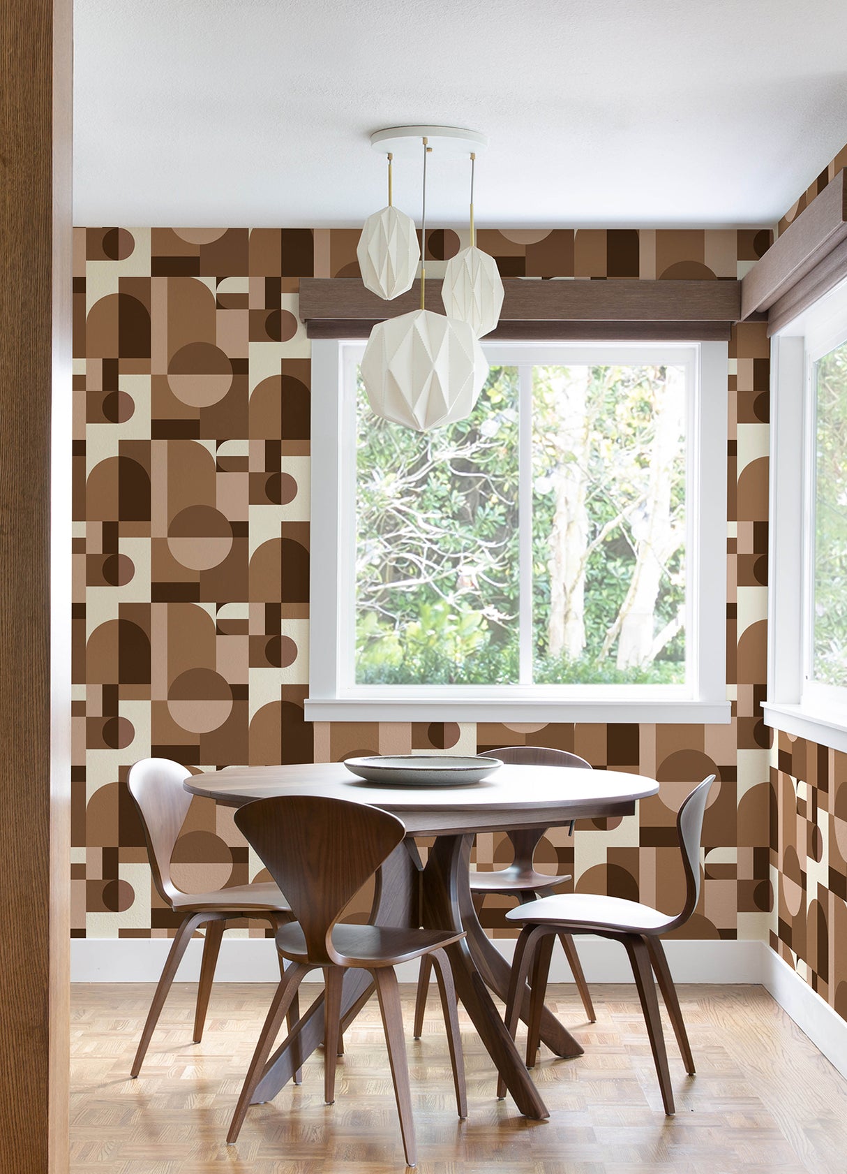 Boxanne Tan by NuWallpaper Very Gay Paint Geometric Modern Peel and Stick Wallpaper Tan Brown Arches Circles Vinyl Roll VGS6440