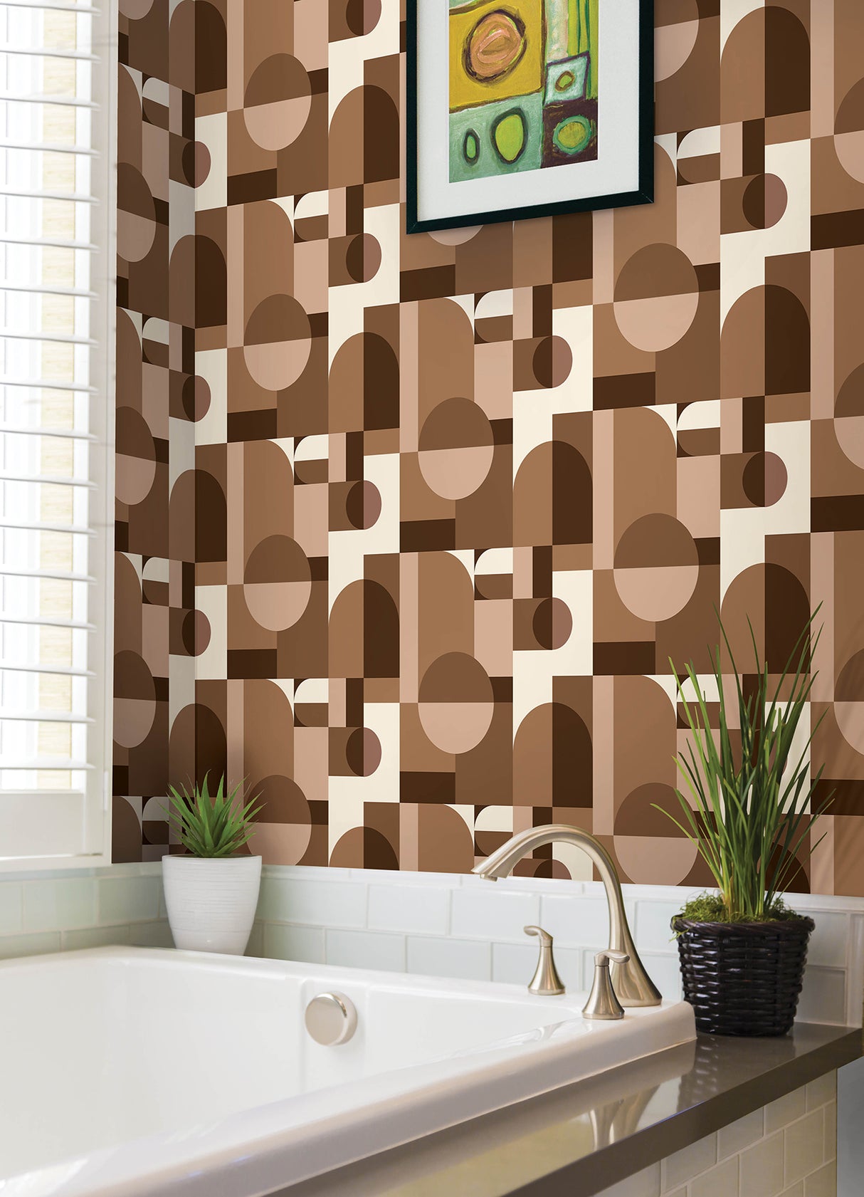 Boxanne Tan by NuWallpaper Very Gay Paint Geometric Modern Peel and Stick Wallpaper Tan Brown Arches Circles Vinyl Roll VGS6440