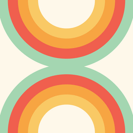 Sir Culls Orange Peel and Stick Wallpaper by NuWallpaper featuring bold retro geometric circles in orange, red, and teal on a cream background