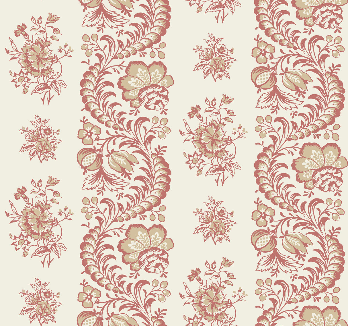 Beaumont Ruby Floral Stripe Wallpaper by Antonina Vella VP1304 - Rich Red and Golden Beige Botanical Pattern on Pale Beige Background