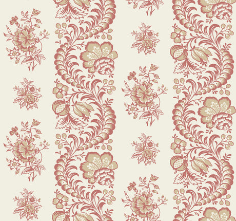 Beaumont Ruby Floral Stripe Wallpaper by Antonina Vella VP1304 - Rich Red and Golden Beige Botanical Pattern on Pale Beige Background