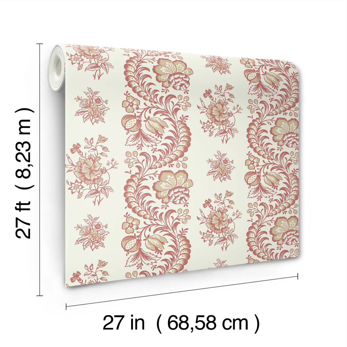 Beaumont Ruby Floral Stripe Wallpaper Rich Red and Golden Beige Botanical Non Woven Unpasted 27in x 27ft by Antonina Vella - VP1304