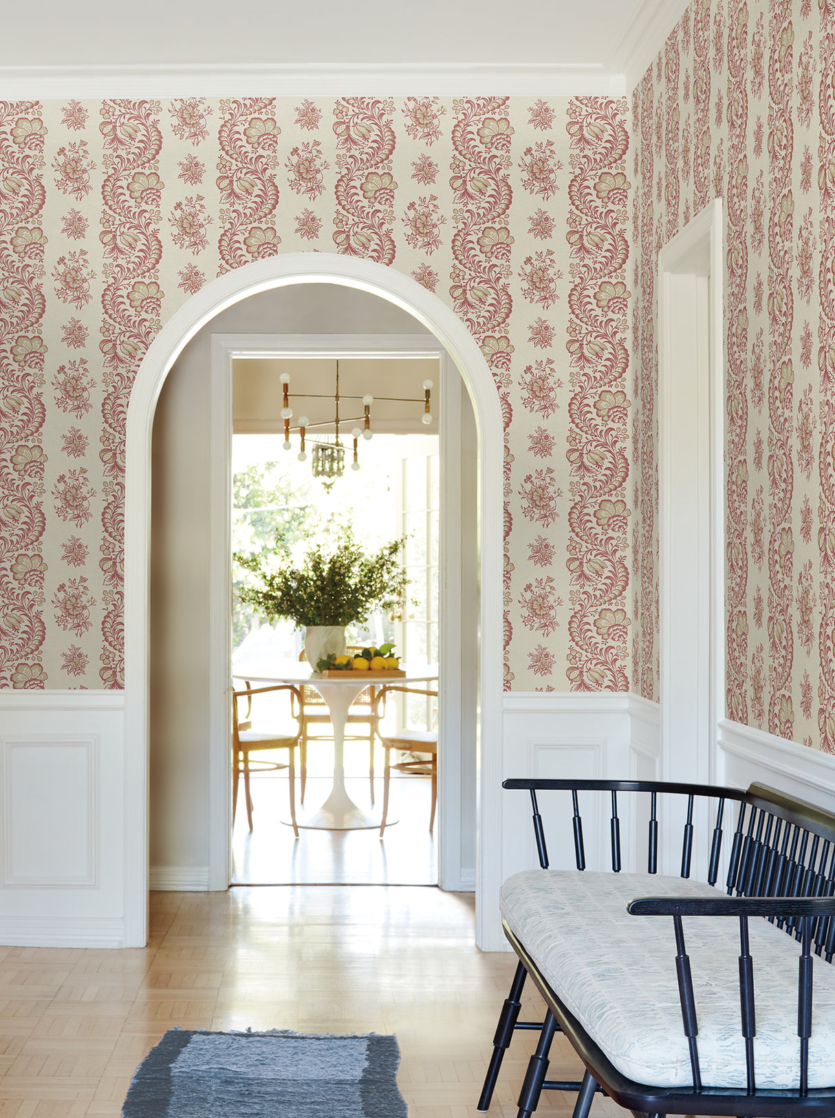 Beaumont Ruby Floral Stripe Wallpaper Rich Red and Golden Beige Botanical Non Woven Unpasted 27in x 27ft by Antonina Vella - VP1304