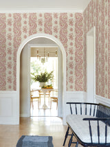 Beaumont Ruby Floral Stripe Wallpaper Rich Red and Golden Beige Botanical Non Woven Unpasted 27in x 27ft by Antonina Vella - VP1304