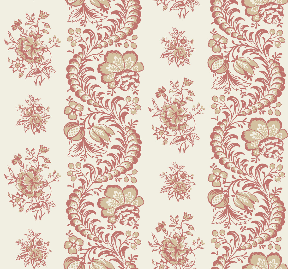 Beaumont Ruby Floral Stripe Wallpaper by Antonina Vella VP1304 - Rich Red and Golden Beige Botanical Pattern on Pale Beige Background