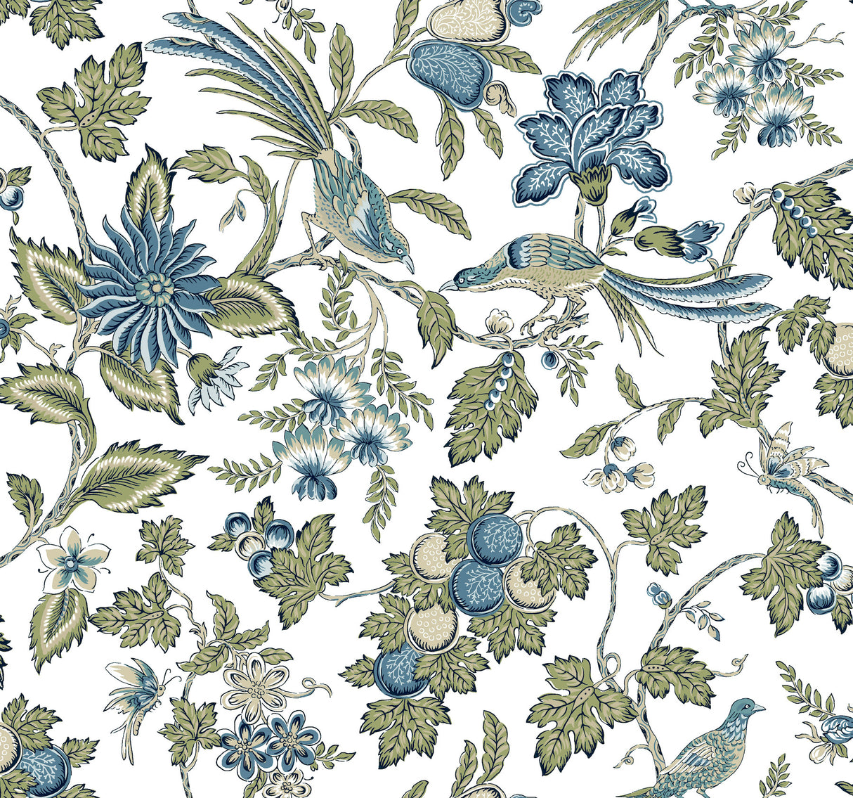 Parterre Blue Jacobean Wallpaper by Antonina Vella VP1314 - Exotic Birds and Botanical Floral Pattern in Indigo, Sage, and White
