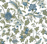 Parterre Blue Jacobean Wallpaper by Antonina Vella VP1314 - Exotic Birds and Botanical Floral Pattern in Indigo, Sage, and White
