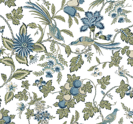 Parterre Blue Jacobean Wallpaper by Antonina Vella VP1314 - Exotic Birds and Botanical Floral Pattern in Indigo, Sage, and White