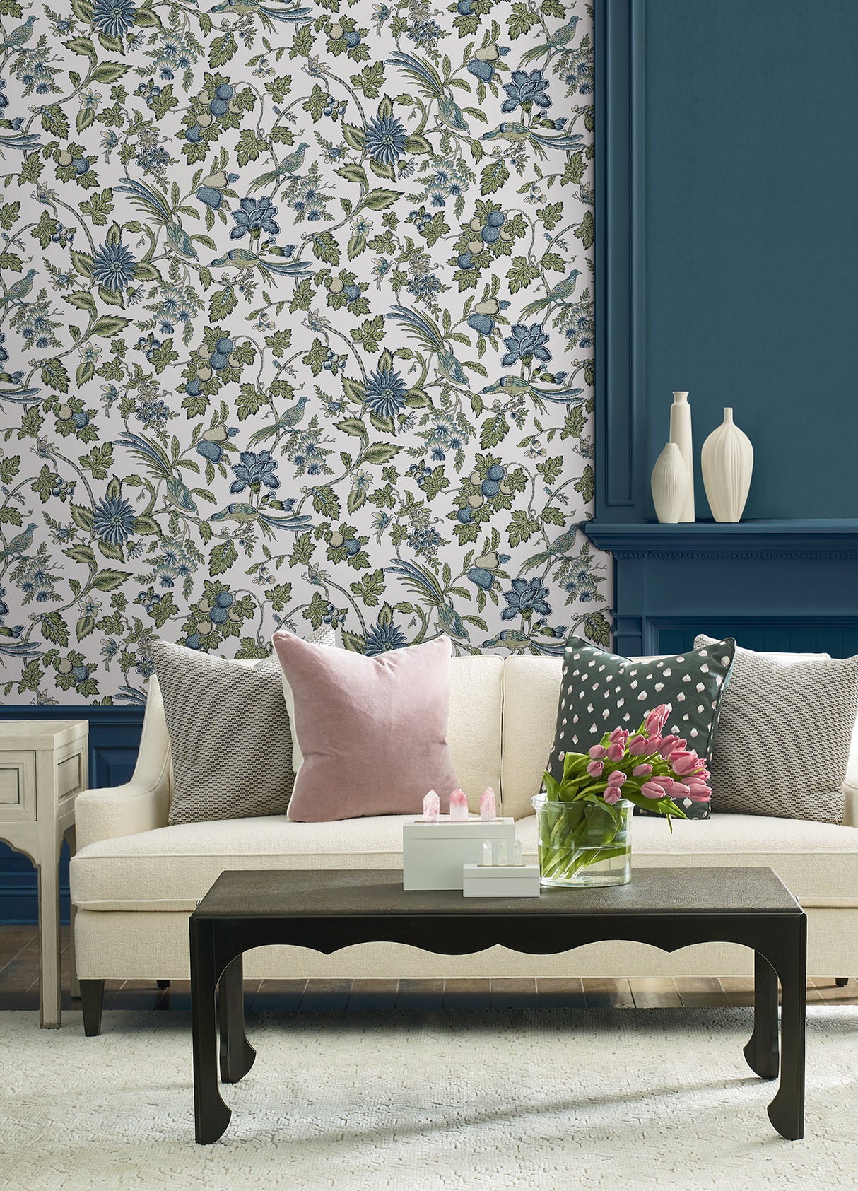 Parterre Blue by Antonina Vella Intricate Jacobean Exotic Birds Botanical Floral Traditional Unpasted Non Woven Sidewall Wallpaper VP1314