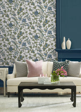 Parterre Blue by Antonina Vella Intricate Jacobean Exotic Birds Botanical Floral Traditional Unpasted Non Woven Sidewall Wallpaper VP1314